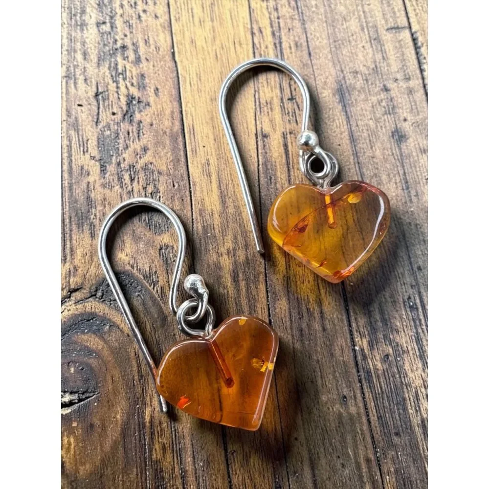 Heart Baltic Amber Solid 925 Sterling Silver Earrings